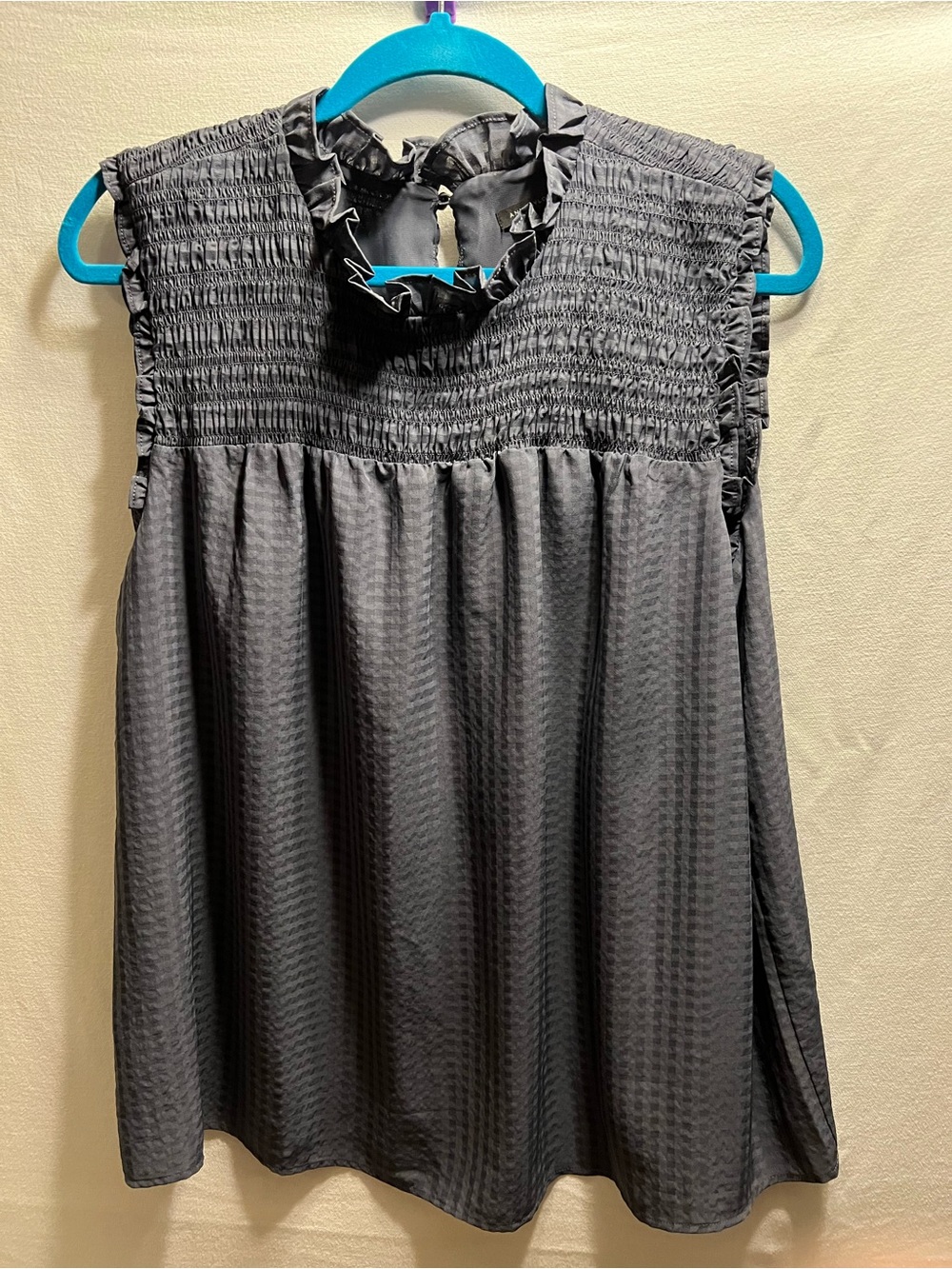 Ann Taylor Smocked Ruffle Neck Sleeveless Blouse - Gray